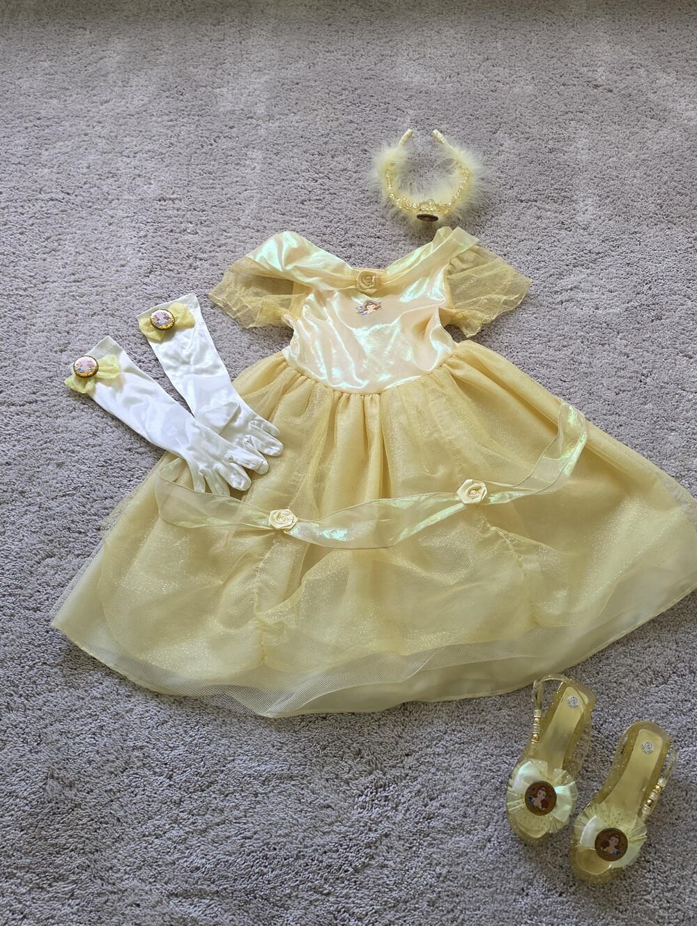 Vintage 2004 Disney Belle Princess Ball Costume Dress Shoes Tiara Gloves Sz. 4/5